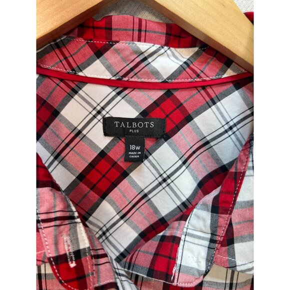 Talbots Plus Women's Cotton Button Up Blouse Long Sleeve Size 18W Red White Plai - Picture 3 of 12